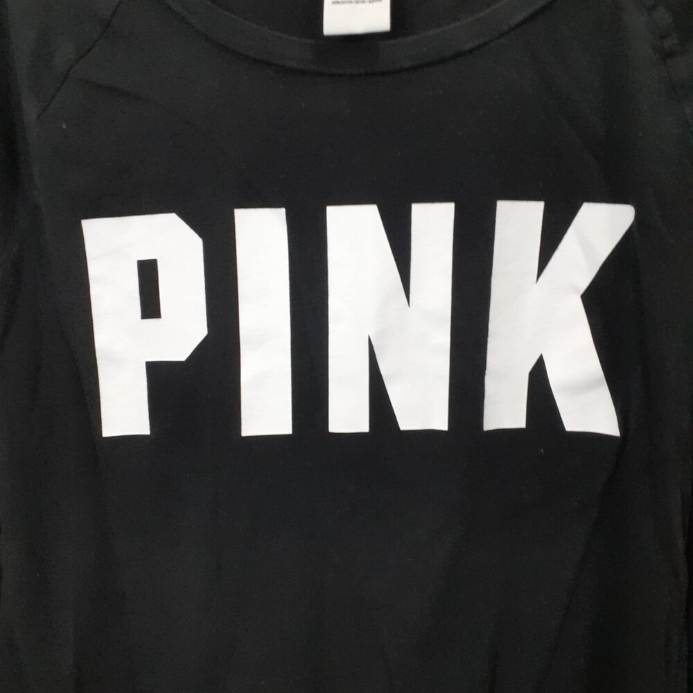 Victoria's Secret PINK Shirt Long Sleeve Black, White Logo SZ Med Cotton Hi Lo - Picture 3 of 7